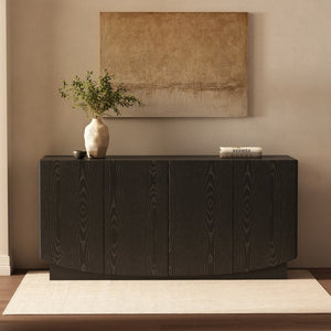 English Elm Sideboard with Push Open Doors Natural Wood Grain Laminate Contemporary Dining Storage Black B365P504402