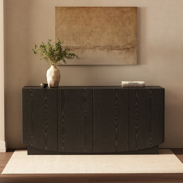 English Elm Sideboard with Push Open Doors Natural Wood Grain Laminate Contemporary Dining Storage Black B365P504402