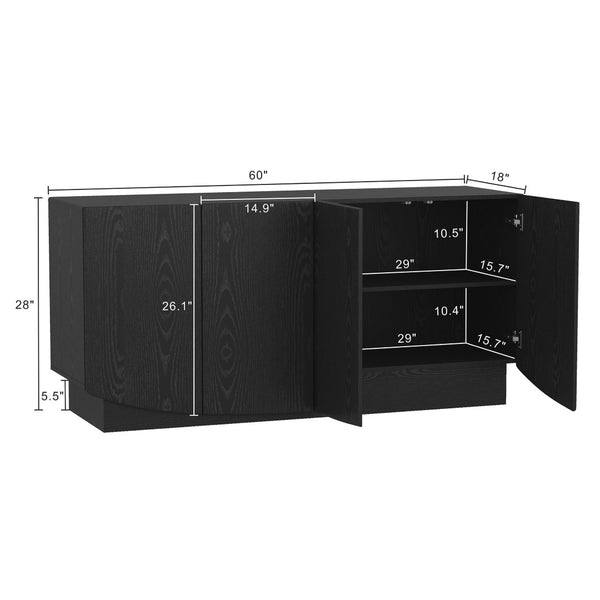 English Elm Sideboard with Push Open Doors Natural Wood Grain Laminate Contemporary Dining Storage Black B365P504402