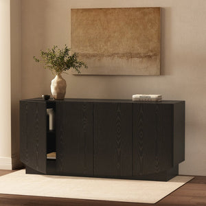 English Elm Sideboard with Push Open Doors Natural Wood Grain Laminate Contemporary Dining Storage Black B365P504402