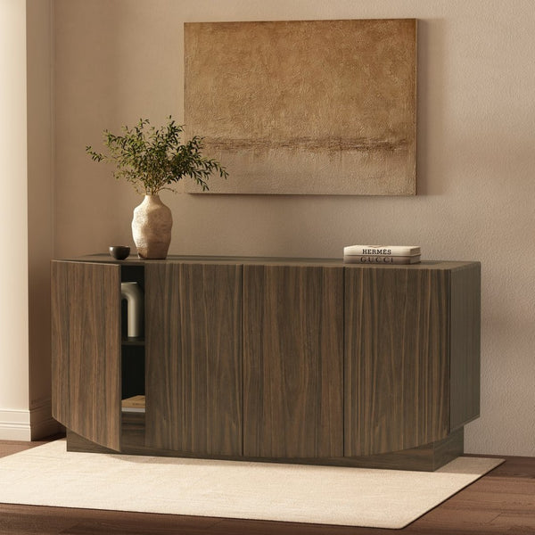 English Elm Sideboard with Push Open Doors Natural Wood Grain Laminate Contemporary Dining Storage Walnut B365P504403