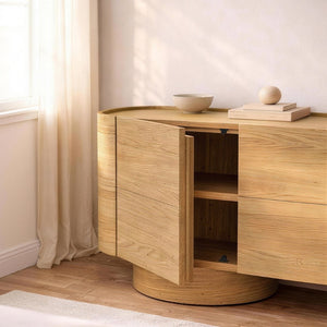 English Elm Sideboard Solid Wood Curved Frame Pedestal Base Natural Grain Dining Storage Cabinet B365P504405