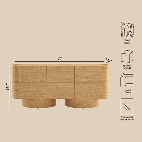 English Elm Sideboard Solid Wood Curved Frame Pedestal Base Natural Grain Dining Storage Cabinet B365P504405