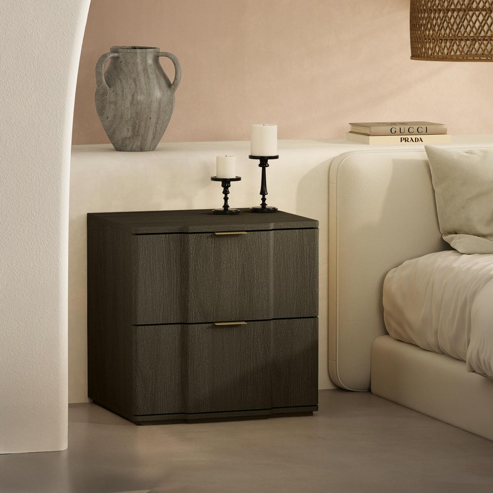 English Elm Nightstand with Sculpted Drawer Fronts Natural Wood and Gold Accents Bedroom Accent Walnut+Gold B365P504406