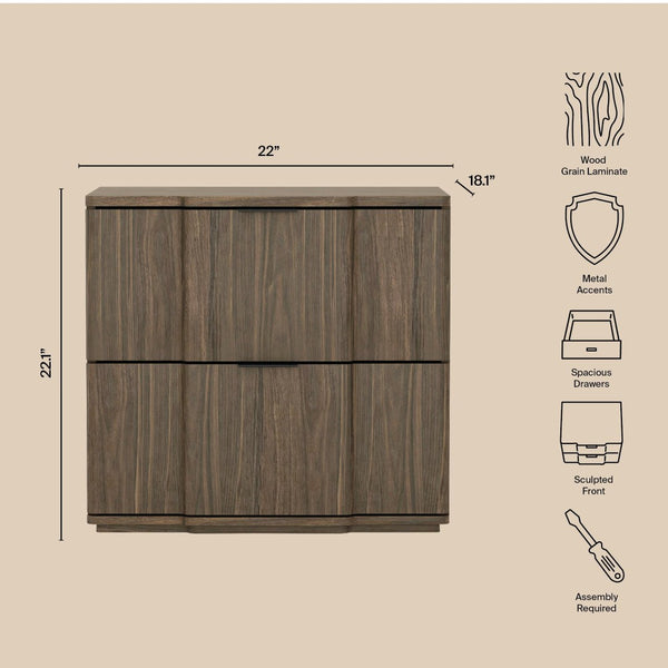 English Elm Nightstand with Sculpted Drawer Fronts Natural Wood and Gold Accents Bedroom Accent Walnut+Black B365P504407