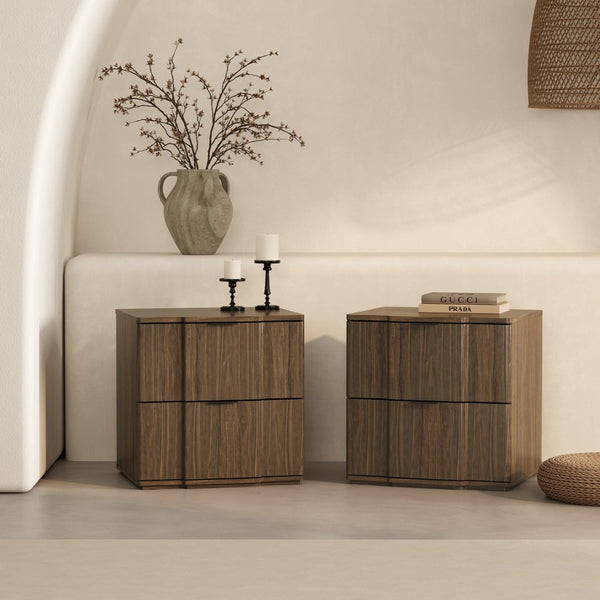 English Elm Nightstand with Sculpted Drawer Fronts Natural Wood and Gold Accents Bedroom Accent Walnut+Black B365P504407