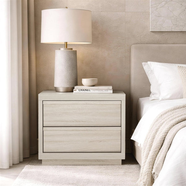 English Elm Nightstand with Two Smooth Drawers Organic Wood Look Finish for Modern Bedroom Decor Whitewashed Oak B365P504881