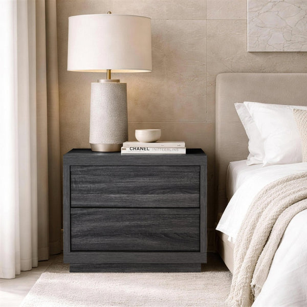 English Elm Nightstand with Two Smooth Drawers Organic Wood Look Finish for Modern Bedroom Decor Charcoal Gray B365P504883