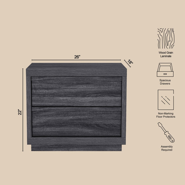 English Elm Nightstand with Two Smooth Drawers Organic Wood Look Finish for Modern Bedroom Decor Charcoal Gray B365P504883