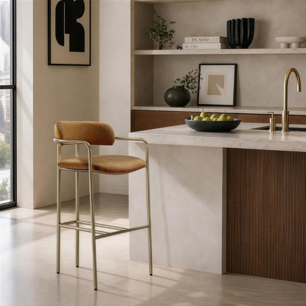 English Elm Barstool with Upholstered Seat and Steel Frame for Kitchen Islands or Home Bars Turmeric B365P509083