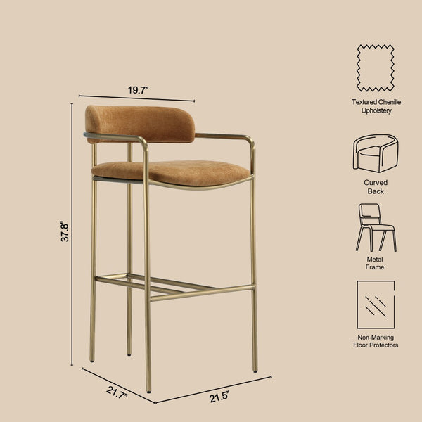 English Elm Barstool with Upholstered Seat and Steel Frame for Kitchen Islands or Home Bars Turmeric B365P509083
