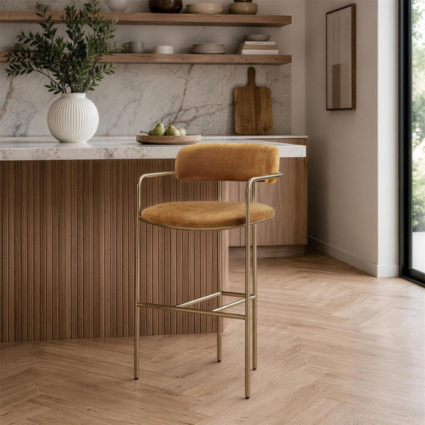 English Elm Counter Stool with Stainless Steel Frame Upholstered Seat for Kitchen Island Dining Turmeric B365P509086