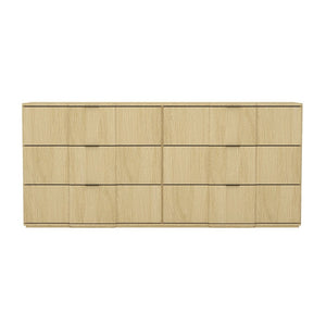English Elm Dresser with Sculpted Six Drawer Front Design in Warm Oak Finish and Gold Accents Natural Oak and Gold B365S00159