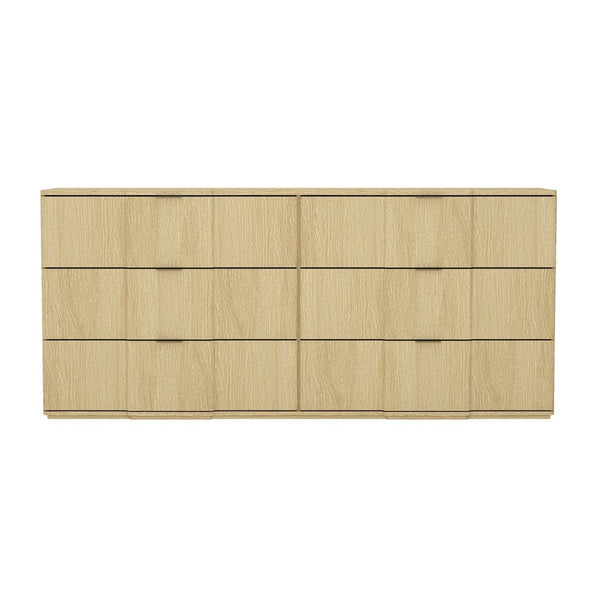English Elm Dresser with Sculpted Six Drawer Front Design in Warm Oak Finish and Gold Accents Natural Oak and Gold B365S00159