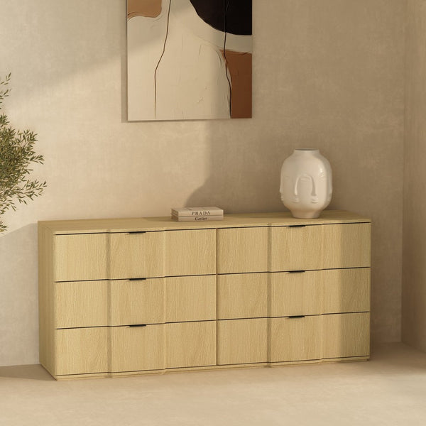 English Elm Dresser with Sculpted Six Drawer Front Design in Warm Oak Finish and Gold Accents Natural Oak and Gold B365S00159