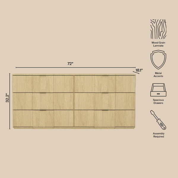 English Elm Dresser with Sculpted Six Drawer Front Design in Warm Oak Finish and Gold Accents Natural Oak and Gold B365S00159