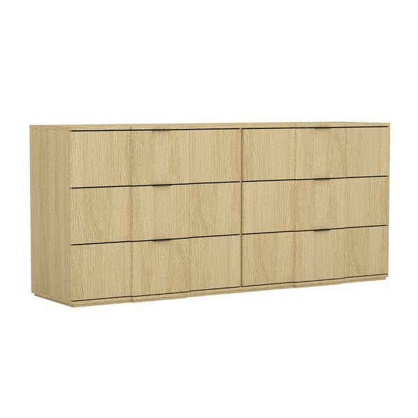 English Elm Dresser with Sculpted Six Drawer Front Design in Warm Oak Finish and Gold Accents Natural Oak and Gold B365S00159