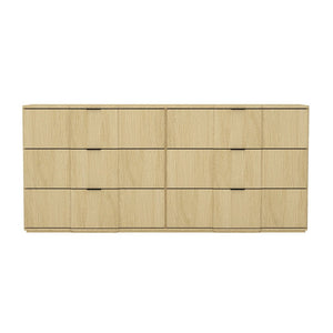 English Elm Dresser with Sculpted Six Drawer Front Design in Warm Oak Finish and Gold Accents Natural Oak and Gold B365S00159