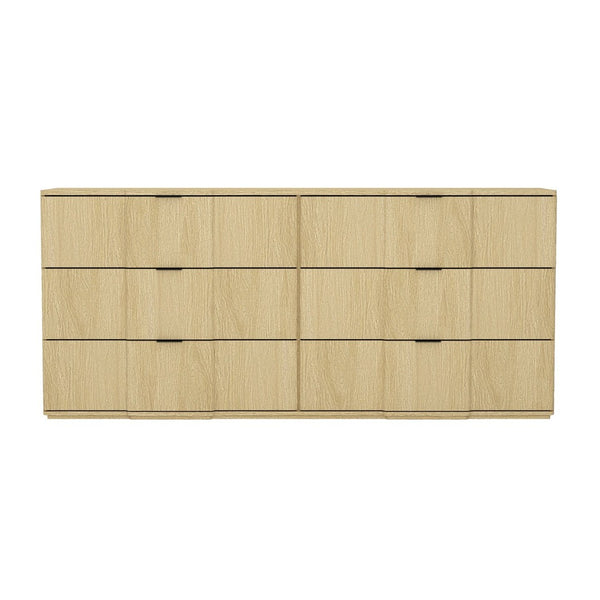 English Elm Dresser with Sculpted Six Drawer Front Design in Warm Oak Finish and Gold Accents Natural Oak and Gold B365S00159