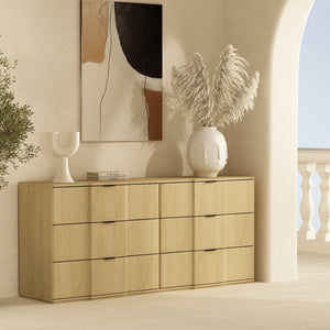 English Elm Dresser with Sculpted Six Drawer Front Design in Warm Oak Finish and Gold Accents Natural Oak and Gold B365S00159