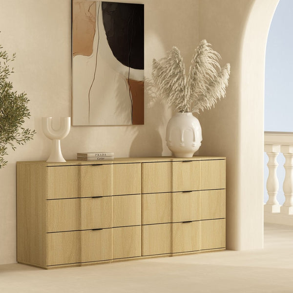 English Elm Dresser with Sculpted Six Drawer Front Design in Warm Oak Finish and Gold Accents Natural Oak and Gold B365S00159
