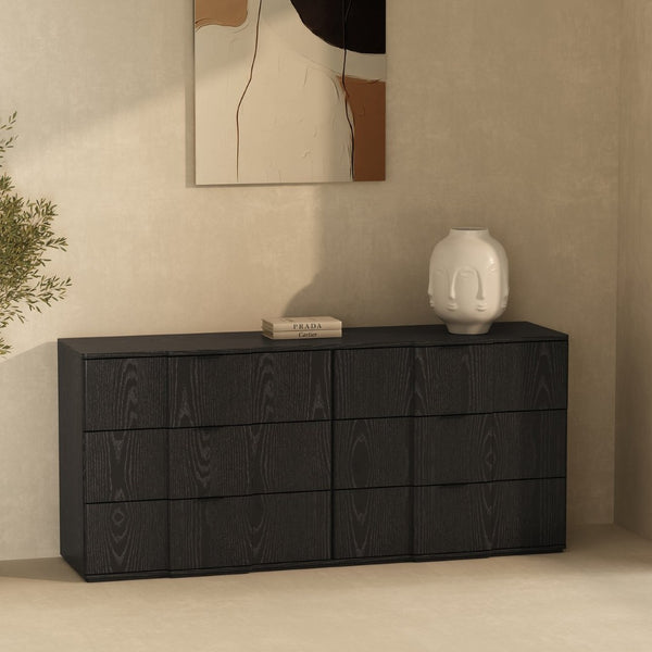 English Elm Dresser with Sculpted Six Drawer Front Design in Warm Oak Finish and Gold Accents Black and Gold B365S00160