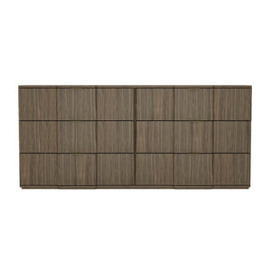 English Elm Dresser with Sculpted Six Drawer Front Design in Warm Oak Finish and Gold Accents Walnut Brown and Gold B365S00161