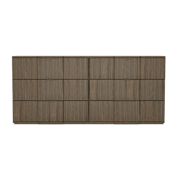 English Elm Dresser with Sculpted Six Drawer Front Design in Warm Oak Finish and Gold Accents Walnut Brown and Gold B365S00161