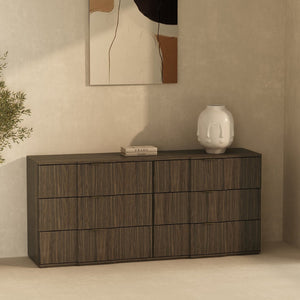 English Elm Dresser with Sculpted Six Drawer Front Design in Warm Oak Finish and Gold Accents Walnut Brown and Gold B365S00161