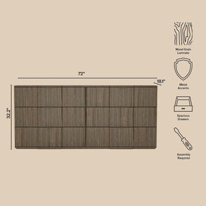 English Elm Dresser with Sculpted Six Drawer Front Design in Warm Oak Finish and Gold Accents Walnut Brown and Gold B365S00161