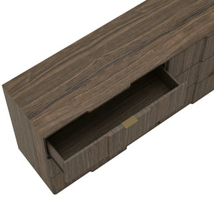 English Elm Dresser with Sculpted Six Drawer Front Design in Warm Oak Finish and Gold Accents Walnut Brown and Gold B365S00161