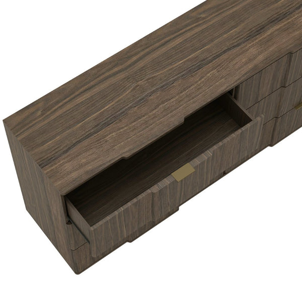 English Elm Dresser with Sculpted Six Drawer Front Design in Warm Oak Finish and Gold Accents Walnut Brown and Gold B365S00161