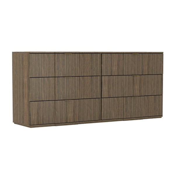 English Elm Dresser with Sculpted Six Drawer Front Design in Warm Oak Finish and Gold Accents Walnut Brown and Gold B365S00161