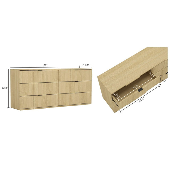 English Elm Dresser with Sculpted Six Drawer Front Design in Warm Oak Finish and Gold Accents Natural Oak B365S00162
