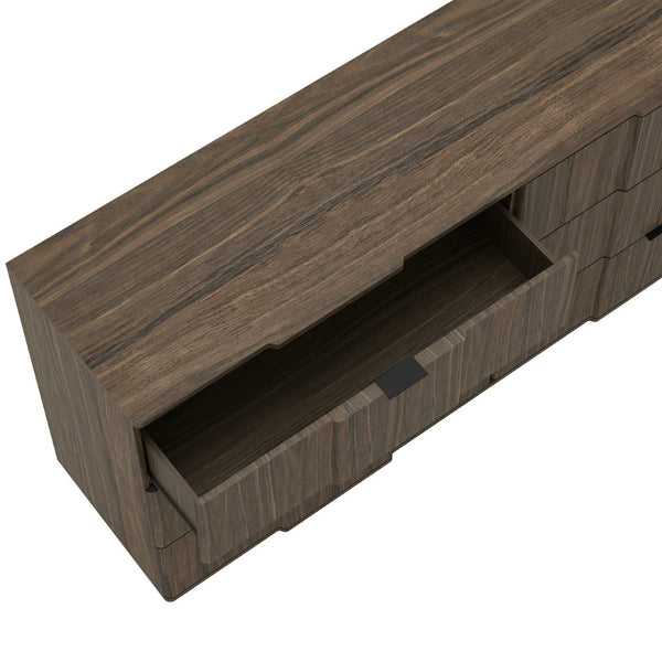English Elm Dresser with Sculpted Six Drawer Front Design in Warm Oak Finish and Gold Accents Walnut B365S00164