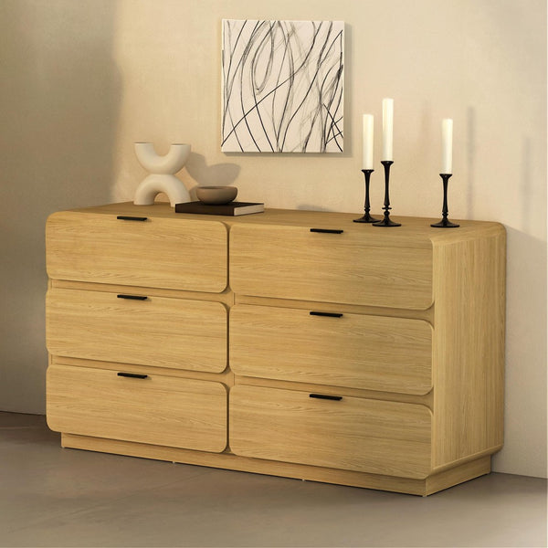 English Elm Dresser Six Drawer Manufactured Wood Minimalist Bedroom Storage with Recessed Metal Hardware Natural B365S00165