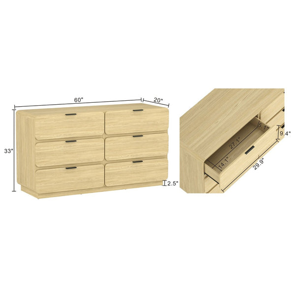 English Elm Dresser Six Drawer Manufactured Wood Minimalist Bedroom Storage with Recessed Metal Hardware Natural B365S00165