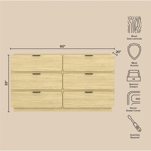 English Elm Dresser Six Drawer Manufactured Wood Minimalist Bedroom Storage with Recessed Metal Hardware Natural B365S00165