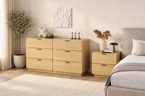 English Elm Dresser Six Drawer Manufactured Wood Minimalist Bedroom Storage with Recessed Metal Hardware Natural B365S00165
