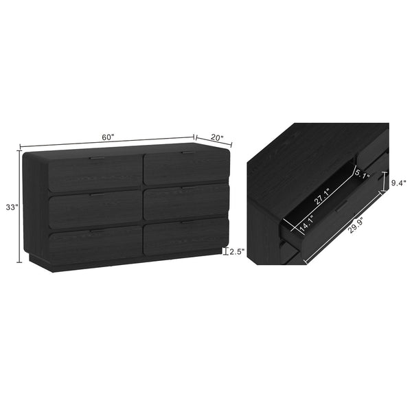 English Elm Dresser Six Drawer Manufactured Wood Minimalist Bedroom Storage with Recessed Metal Hardware Black B365S00166