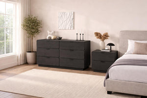 English Elm Dresser Six Drawer Manufactured Wood Minimalist Bedroom Storage with Recessed Metal Hardware Black B365S00166