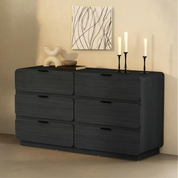 English Elm Dresser Six Drawer Manufactured Wood Minimalist Bedroom Storage with Recessed Metal Hardware Black B365S00166