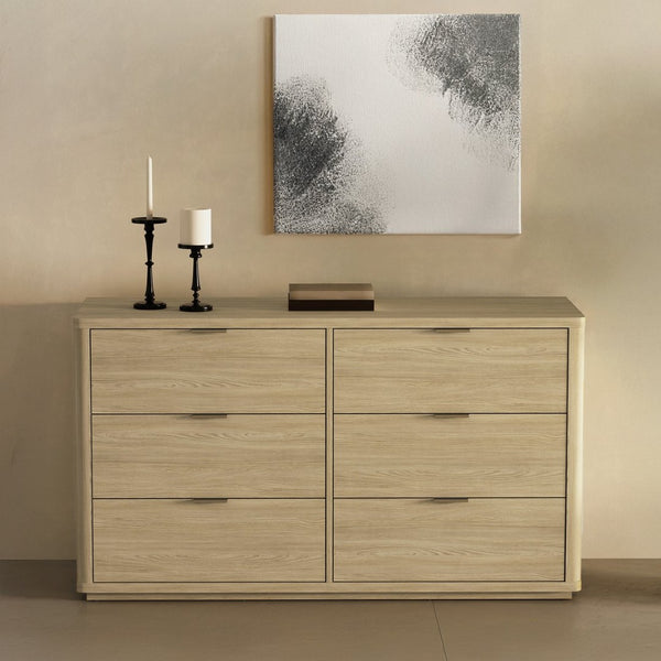 English Elm Dresser with Six Drawers Brushed Gold Handles Rounded Wood Frame for Modern Bedroom Natural B365S00167