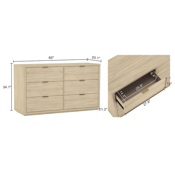 English Elm Dresser with Six Drawers Brushed Gold Handles Rounded Wood Frame for Modern Bedroom Natural B365S00167