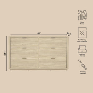 English Elm Dresser with Six Drawers Brushed Gold Handles Rounded Wood Frame for Modern Bedroom Natural B365S00167