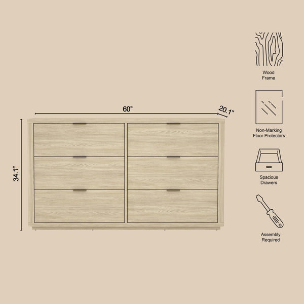English Elm Dresser with Six Drawers Brushed Gold Handles Rounded Wood Frame for Modern Bedroom Natural B365S00167