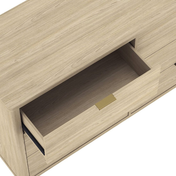 English Elm Dresser with Six Drawers Brushed Gold Handles Rounded Wood Frame for Modern Bedroom Natural B365S00167