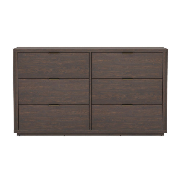 English Elm Dresser with Six Drawers Brushed Gold Handles Rounded Wood Frame for Modern Bedroom Brown B365S00168