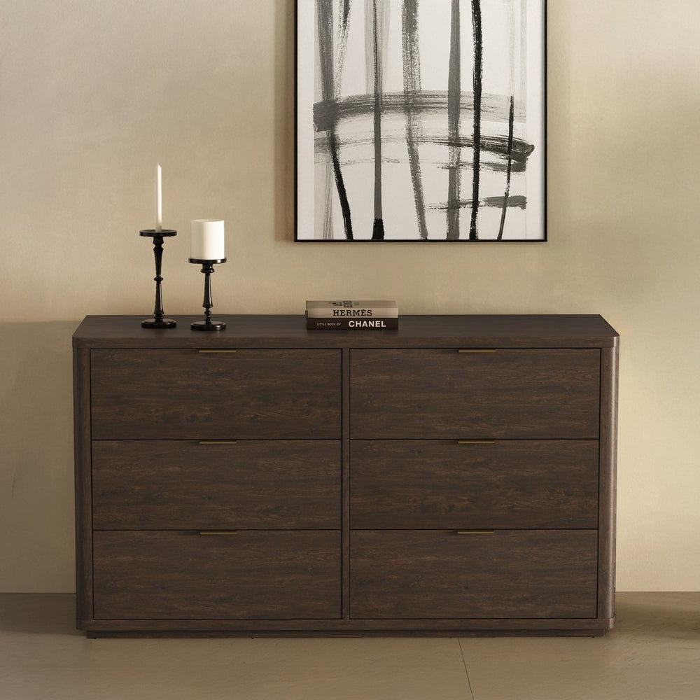 English Elm Dresser with Six Drawers Brushed Gold Handles Rounded Wood Frame for Modern Bedroom Brown B365S00168