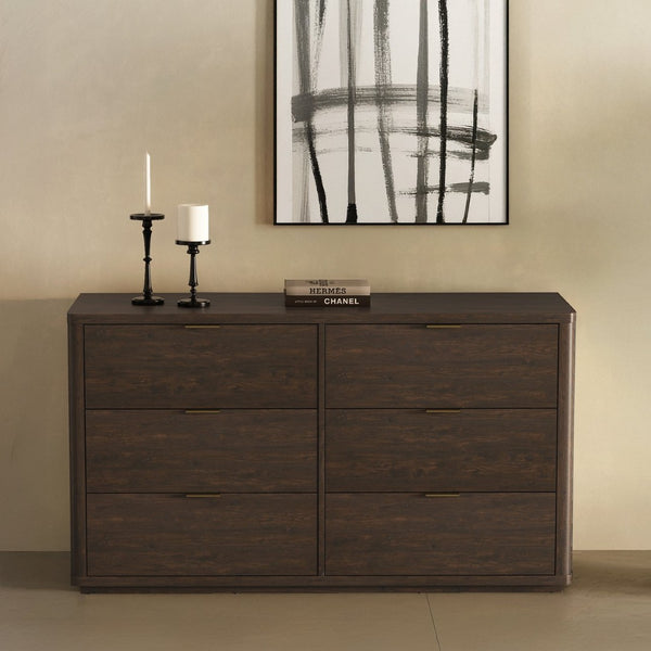 English Elm Dresser with Six Drawers Brushed Gold Handles Rounded Wood Frame for Modern Bedroom Brown B365S00168